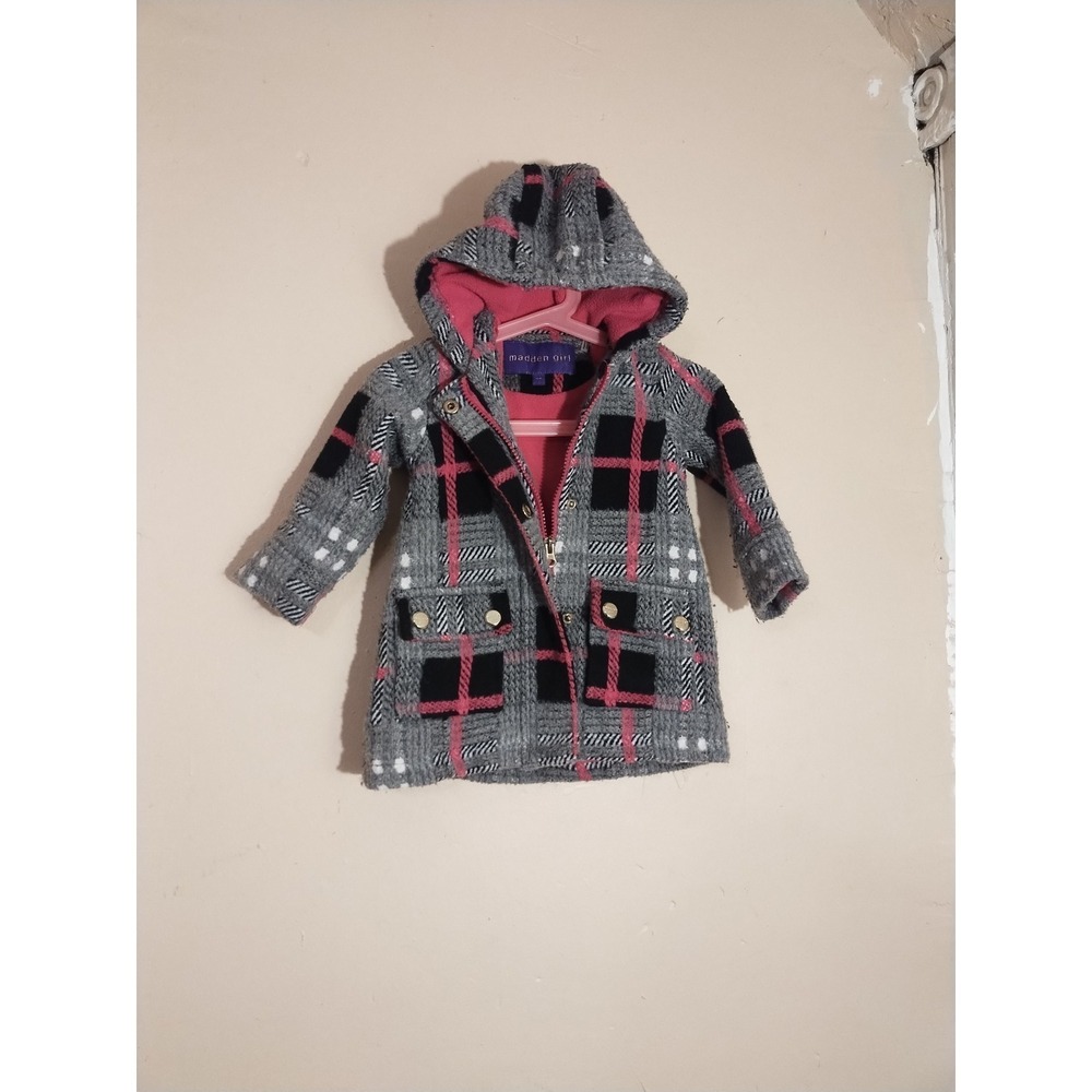 Madden Girl Girls Grey Pink Plaid Hooded Zip Front Coat Size 18M